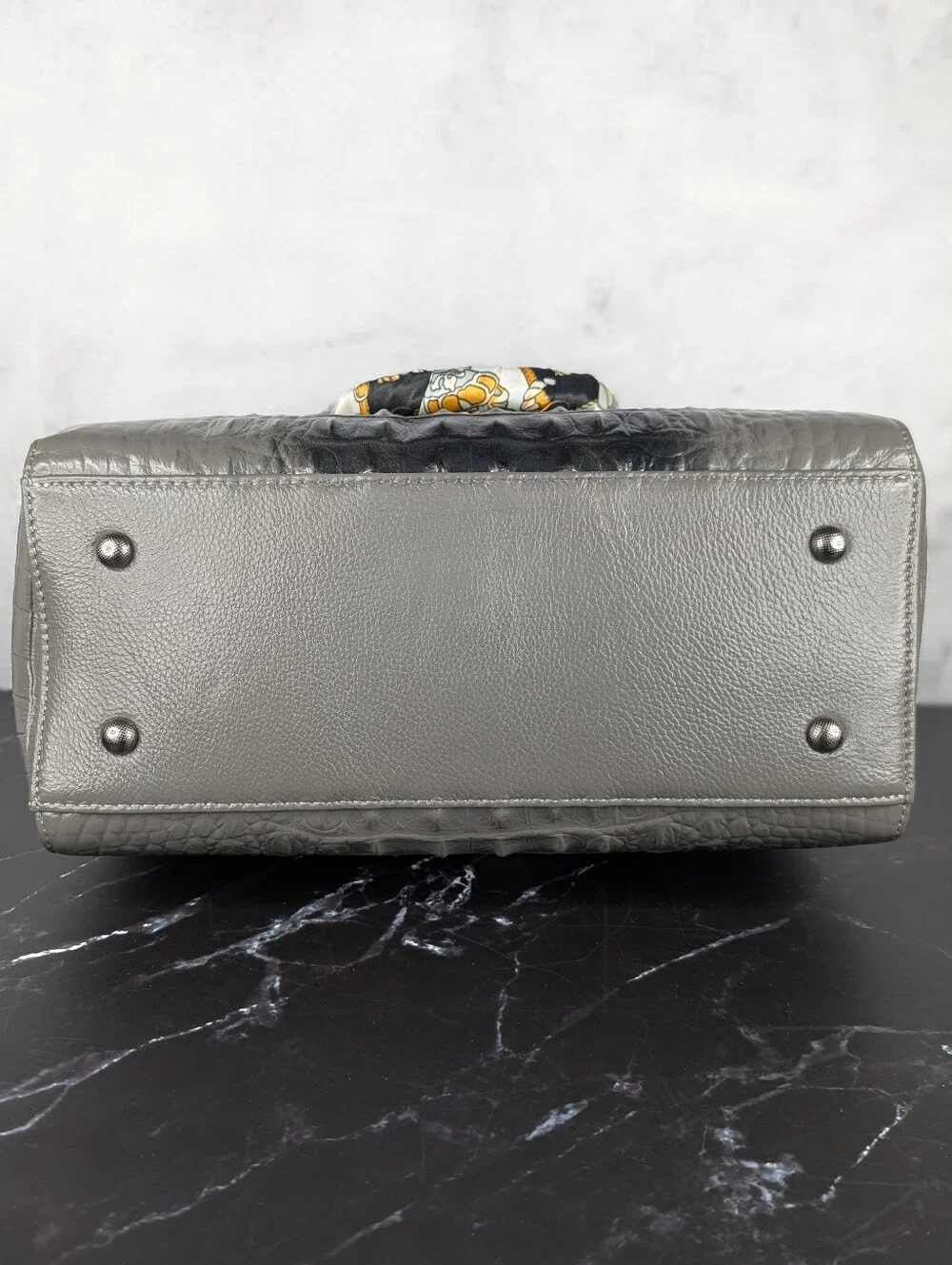 Gray Croc-Embossed Leather Satchel Bag with Scarf-Wrapped Handles NWOT